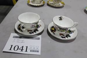 lot 1041 image: Lot of (2) Blue Crested Yellow Finches Eating Blackberries Ceramic Tea CupSaucer Sets