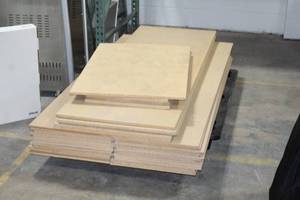 lot 1132 image: Lot of (37) Pressed Wood Shelving Boards (on pallet)