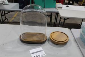 lot 1846 image: Glass Oval Cloche with Wood Base 13Lx 7-12Wx17-12H  with Wood Base for Round Cloche 9-12Dx2H