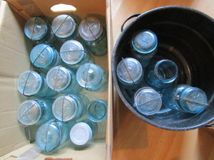 lot 143 image: Vintage blue canning jars, 16 quart...