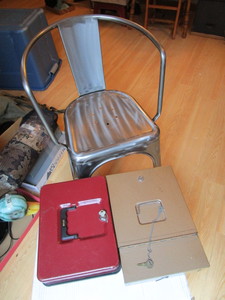 lot 166 image: Metal chair, cash box & security bo...