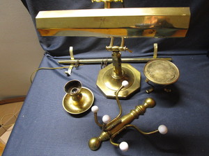 lot 237 image: Brass desk lamp, candle stands, wal...
