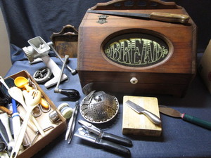 lot 294 image: Wooden bread box, kitchen utensils,...