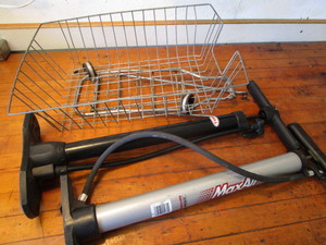 lot 413 image: Bicycle rear basket, tire pumps...