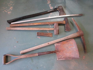 lot 448 image: Maul, single bit axe, wedge, pick, ...