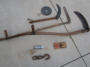 lot 471 image: Scythe, weed wackers, hand forged h...