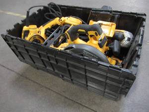 lot 22 image: WHOLESALE MIXED BIN OF MICELLANOUS DEWALT TOOLS - SAWS, DRILLS, NAILERS AND MORE