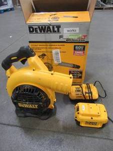 lot 24 image: DEWALT 129 MPH 423 CFM FLEXVOLT 60-Volt MAX Lithium-Ion Cordless Handheld Leaf Blower with 3Ah Battery and Charger Included, DCBL770X1 Used - Missing Front Attachments.