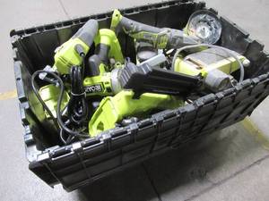 lot 43 image: WHOLESALE MIXED BIN OF MICELLANOUS RYOBI TOOLS - SAWS, DRILLS, NAILERS AND MORE