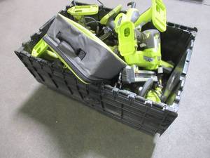 lot 52 image: WHOLESALE MIXED BIN OF MICELLANOUS RYOBI TOOLS - SAWS, DRILLS, NAILERS AND MORE