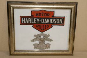lot 139 image: Framed Harley Davidson Logo and Patch