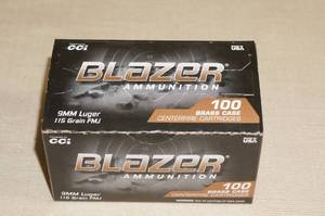 lot 12 image: 100 CCI Blazer Brass 9mm Luger 115 Gr FMJ Ammo