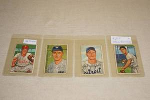 lot 20 image: (4) 1952 Bowman Baseball Cards - Silvestri, Strickland, Littlefield, Porterfield