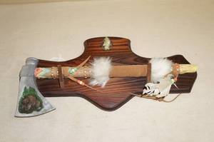 lot 24 image: Native American Resin Hatchet on Wood Wall Hanger