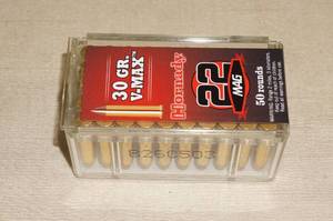 lot 55 image: 50 Hornady .22 Mag 30 Gr V-Max Ammo