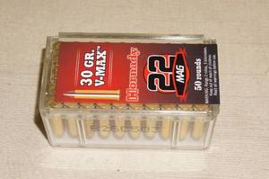 lot 56 image: 50 Hornady .22 Mag 30 Gr V-Max Ammo