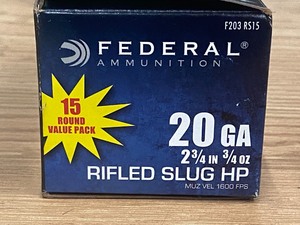 lot 60 image: (15) Rounds Federal Power-Shok 20gauge 2.75 34oz Rifled Hollow Point Slugs