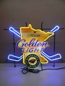 lot 1 image: NEW IN THE BOX - MINNESOTA WILD MICHELOB GOLDEN LIGHT HOCKEY STICKS NEON LIGHT - AWESOME PIECE FOR THE CAVE - SEE PICTURES