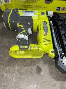 lot 21 image: RYOBI ONE 18V CORDLESS AIRSTRIKE 16-GAUGE 2-12 IN. STRAIGHT FINISH NAILER (TOOL ONLY) WITH SAMPLE NAILS. SEE PICTURES