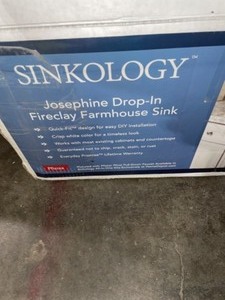 lot 59 image: SINKOLOGY JOSEPHINE 34 IN. FIRECLAY 3-HOLE SINGLE BOWL DROP-IN FARMHOUSE KITCHEN SINK IN CRISP WHITE. SEE PICTURES