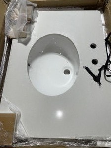 lot 85 image: RION 30 IN. GRAY BATHROOM VANITY WITH WHITE COMPOSITE GRANITE VANITY TOP WITH CERAMIC OVAL SINK AND BACKSPLASH. SEE PICTURES