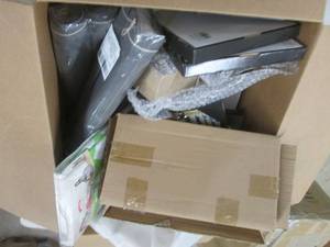 lot 153 image: box of table runners, picture frame...
