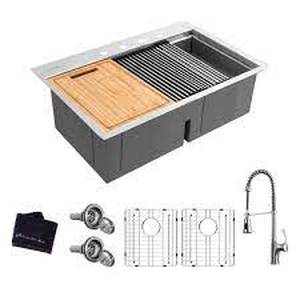 lot 36 image: All-in-One Drop-In Stainless Steel 33 in. 4-Hole 5050 Double Bowl Workstation Sink with Faucet and Accessories Kit by Glacier Bay- open box not used