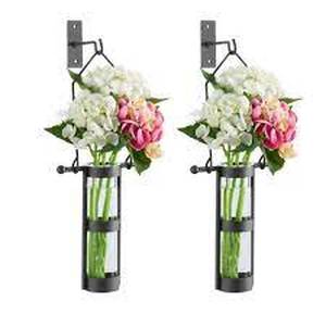 lot 65 image: Urbanne Rustic Black Metal Wall Mount Hanging Glass Cylinder Decorative Vases (Set of 2) by DANYA B- open box not used