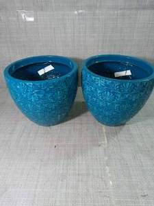 lot 34 image: Fairfield 12 in. W x 10.4 in. H Teal Patina Resin Decorative Planter by Grosfillex- set of 2 - not used