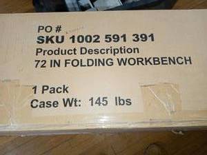lot 67 image: 6 ft. Folding Adjustable Height Solid Wood Top Workbench by Husky- not inspected