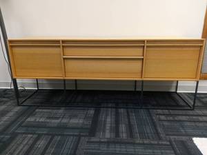 lot 3 image: 74 Wood and Metal Display Entertainment Center (Double Drawer Double Fold Down Cabinet)