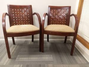 lot 28 image: 22 x 39 x 33 Two High-End Leather and Wooden Chairs