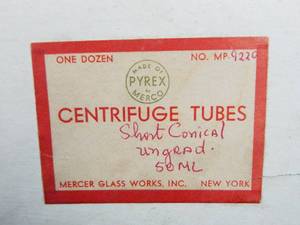 lot 164 image: Set of 12 Mercer Glass Works Merco 50 ML Pyrex Glass Centrifuge Tubes