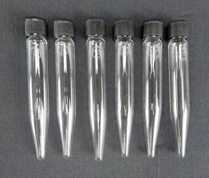 lot 175 image: Set of 6 Mercer Glass Works Merco 10 ML Pyrex Glass Screw Cap Centrifuge Tubes