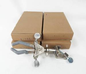 lot 215 image: Set of 4 Mercer Glass Works Neverust Nickel Plated 3 Finger Utility Clamps - Made in Japan