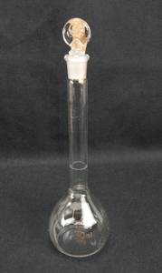 lot 303 image: Set of 4 Mercer Glass Works 50 ML Pyrex Glass Volumetric Flasks With Stoppers
