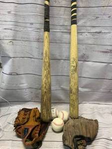 lot 75 image: 2 Vintage Bats, Gloves, Balls