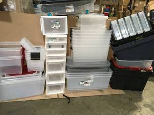 Lot of assorted Plastic Bins or storage cabinets see pictures
