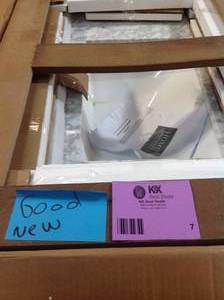 lot 7 image: Home Decorators Everett 31 in. W x 22 in. D Vanity Cabinet in Aegean Blue with Carrara Marble Vanity Top in White with White Basin  see pictures