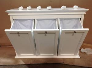 lot 17 image: Home Decorator Hampton Harbor 37 in. Triple Tilt-Out Hamper in White damaged edge see pictures