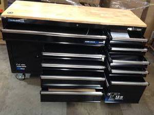 lot 33 image: Frontier 62 in. 10-Drawer Black Tool Chest Cabinet with Pegboard Back Wall, Heavy-Duty Mobile Workbench damaged see pictures