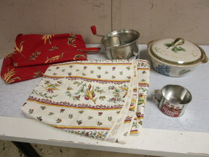 lot 830 image: VINTAGE-STYLE TABLE CLOTHS, BONANZA PONDEROSA RANCH TIN CUP, CERAMIC CASSEROLE DISH, MORE