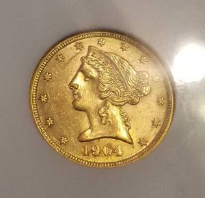 1904 US $5 GOLD LIBERTY AU58 NGC