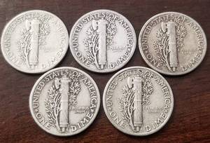 GROUP OF 5 MERCURY DIMES AS PICTURED