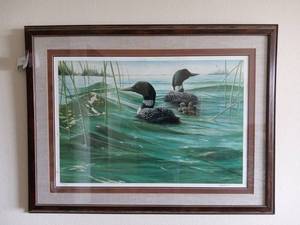 lot 34 image: Custom Framed Signed Common Loon Painting Print by Richard Plasschaert