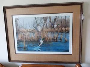 lot 36 image: Custom Framed and Signed Backwater Mallards Waterfowl Art Print by Richard Plasschaert