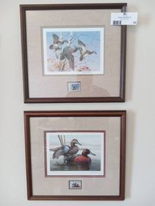 lot 53 image: Beautiful Collectible Vermont & Idaho States Stamp and Print Custom Framed Fowl Prints (Valued $500)