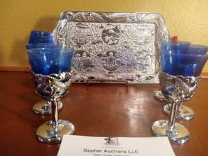 lot 106 image: Vintage Authentic Sak Japanese Wine Glasses and Silver Plated Tray