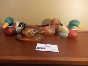 lot 110 image: Wooden and Ceramic Duck Sculptures and Bookends