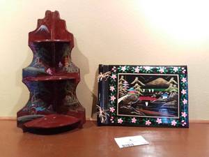 lot 141 image: Vintage 1950s Japanese Corner Shelf & Hand Crafted Photo Album
